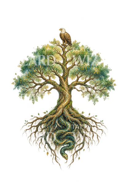 Ilustração de tatuagem da árvore do mundo Yggdrasil com águia e serpente