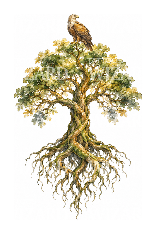 Yggdrasil, a árvore do mundo com uma águia no topo, tatuagem em aguarela