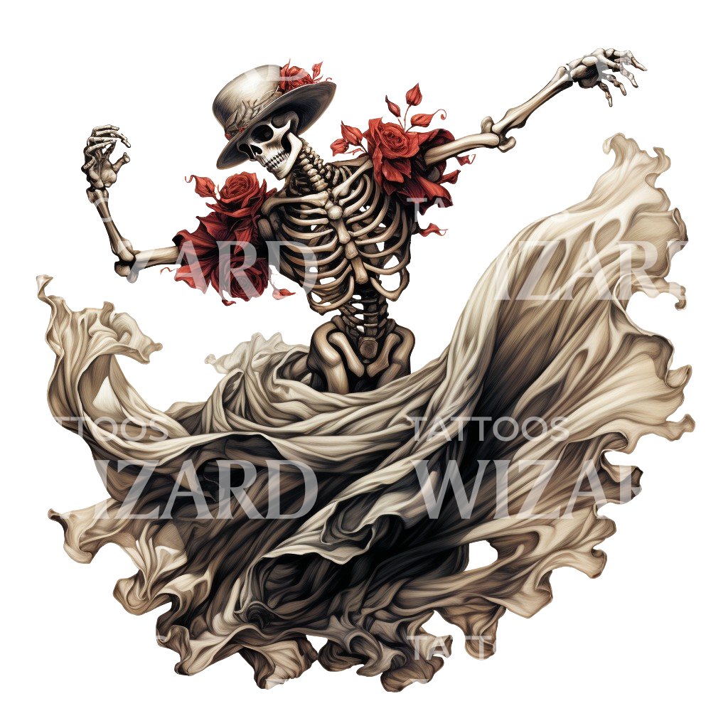Squelette dansant dans une conception de tatouage de robe