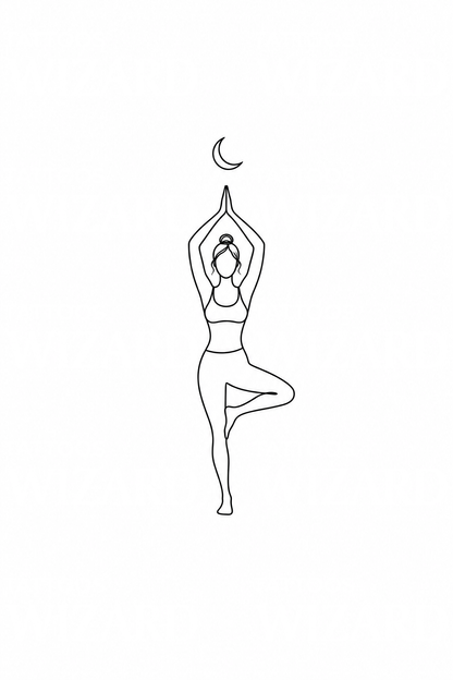 Tatuaje de yoga, postura del árbol y luna en línea