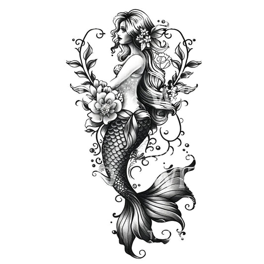 Black and Grey Mermaid Tattoo Design