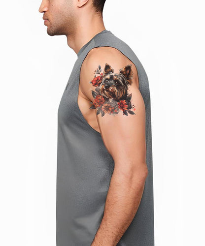 Pequeño diseño de tatuaje de perro y flores de Yorkshire