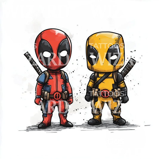 Idea di tatuaggio di Young Deadpool e Wolverine vestiti