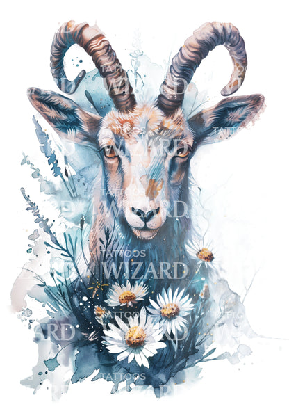 Young Mountain Ibex in the Field Tattoo Design