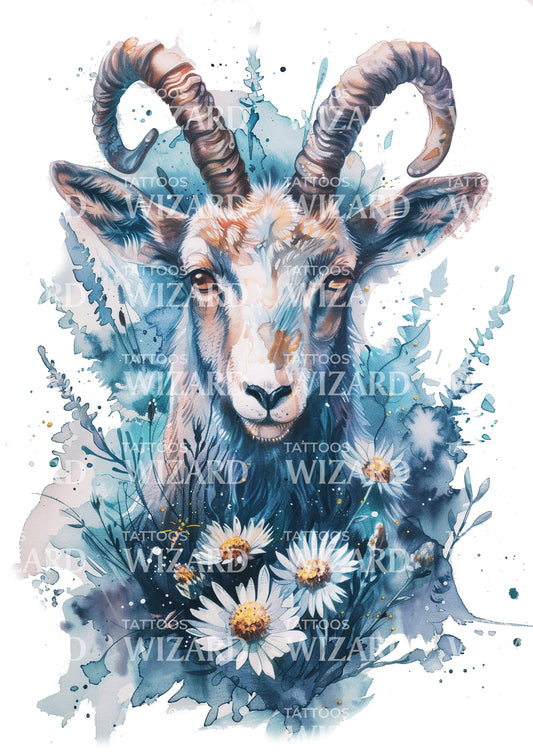 Young Mountain Ibex in the Field Tattoo Design