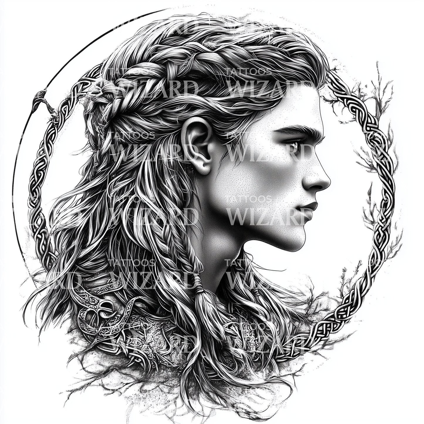 Young Viking Warrior with Long Hair Tattoo Design