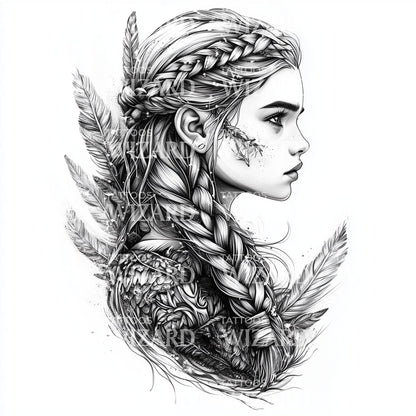 Jeune femme viking avec un design de tatouage de cheveux tressés