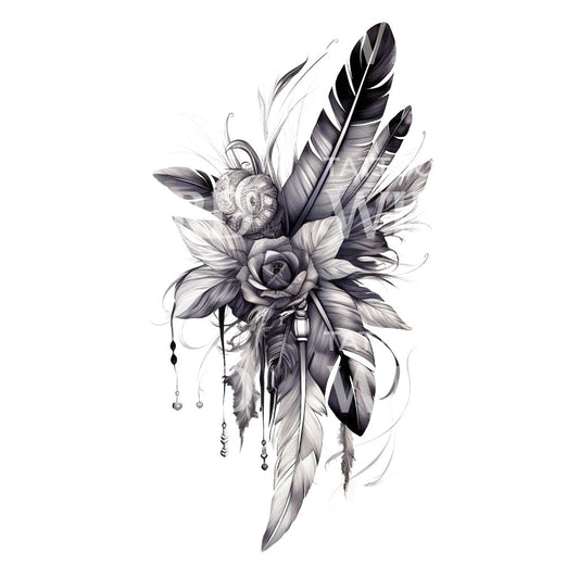Flowers and Feathers Tattoo Design