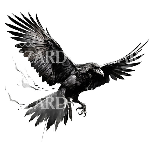 Blackwork Flying Raven Tattoo Design