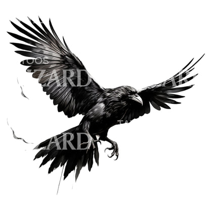 Blackwork Flying Raven Tattoo Design