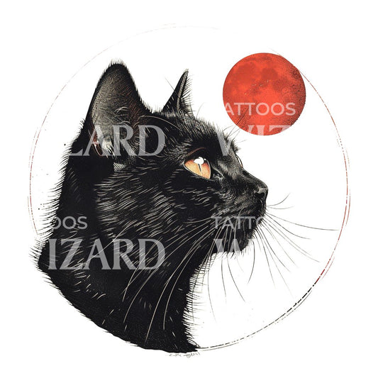 Tattoo-Design mit schwarzer Katze und rotem Mond