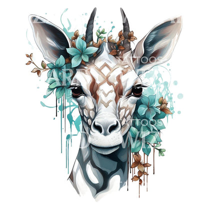Cute Giraffe with Flowers Tattoo Design