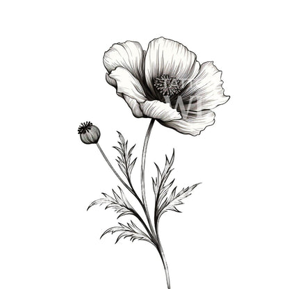 Black and Grey Poppy Flower Tattoo Design