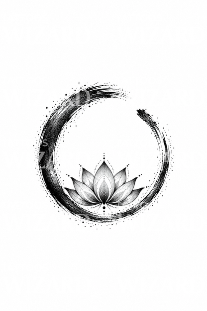 Tatouage cercle Enso zen avec lotus en dotwork