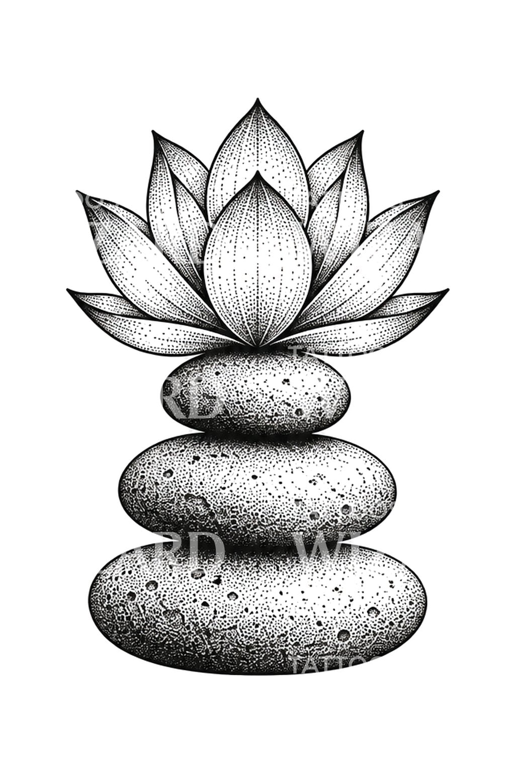 Zen-Lotus im Gleichgewicht auf Kieselsteinen, Stipple-Tattoo