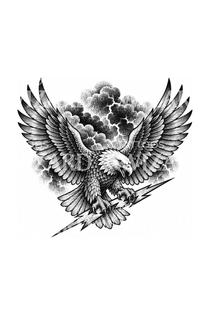 Yıldırımı kavrayan Zeus kartalı dotwork dövmesi