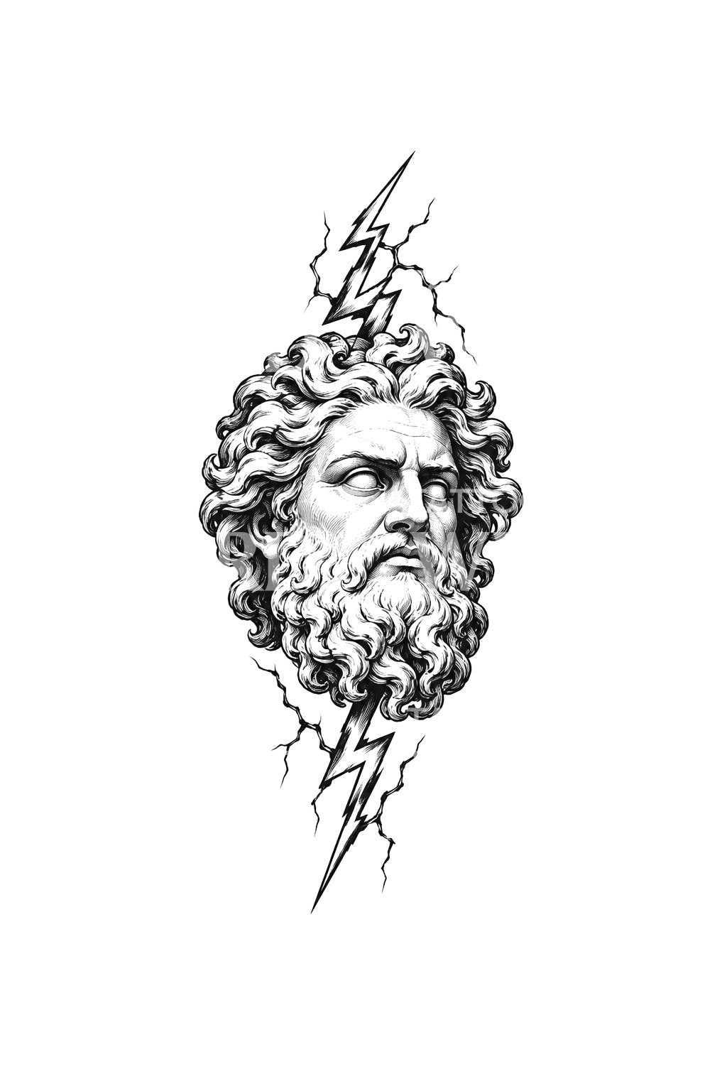 Tattoo-Design mit Zeus-Statue und Blitzskizze