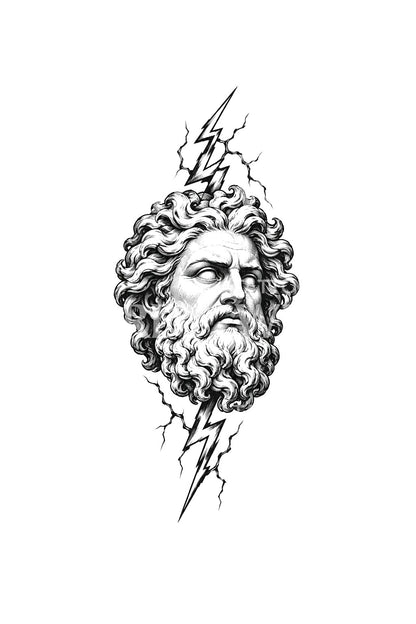 Tattoo-Design mit Zeus-Statue und Blitzskizze