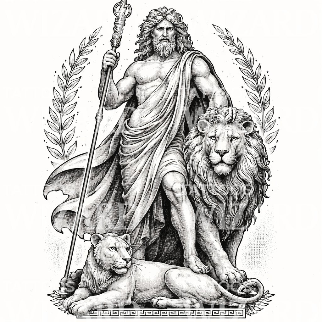 Zeus with Lions Tattoo Design