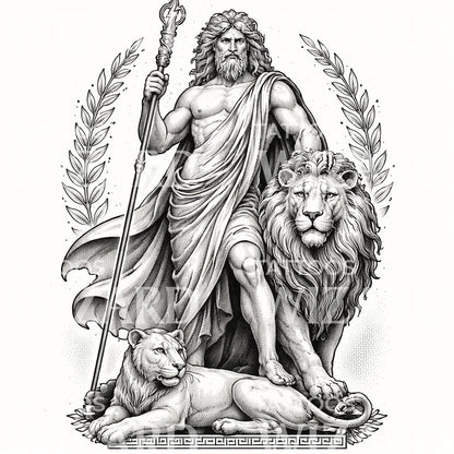 Zeus with Lions Tattoo Design