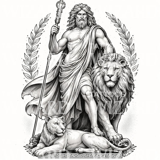 Zeus with Lions Tattoo Design