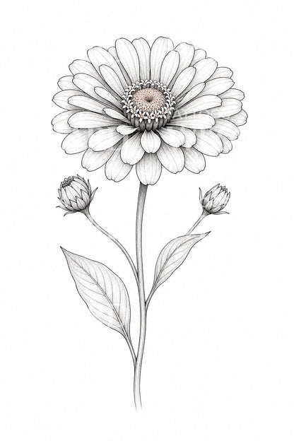 Diseño de tatuaje de flor de zinnia en línea fina