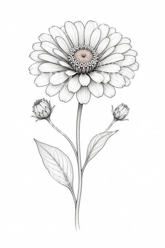 Diseño de tatuaje de flor de zinnia en línea fina