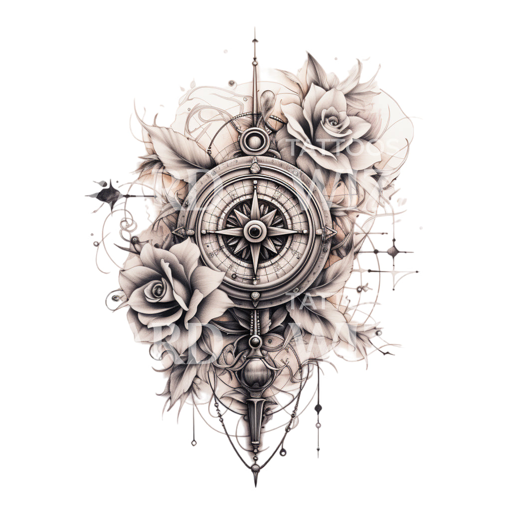 Black & Grey Compass & Floral Sleeve Tattoo Design – Tattoos Wizard Designs