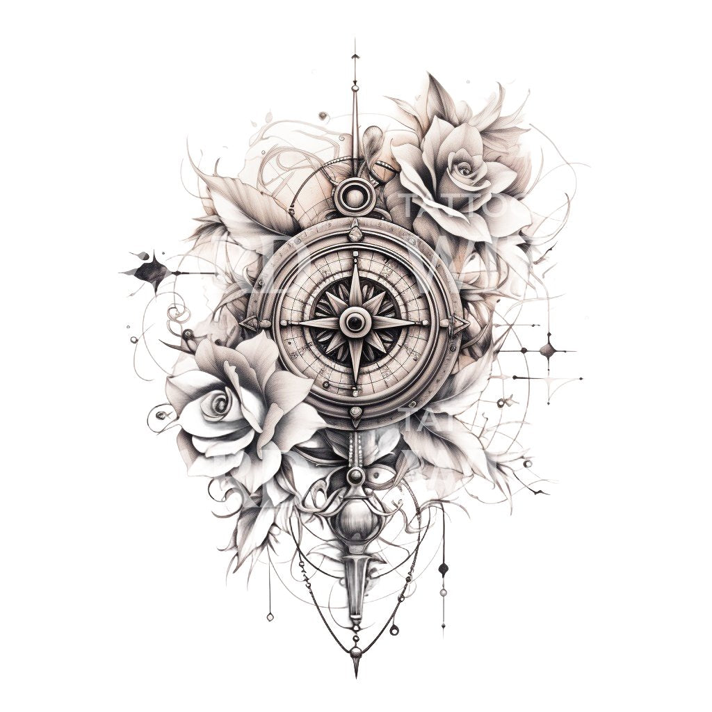 Sleeve Tattoo Design Compass with Flowers