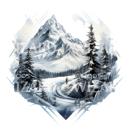 Randonnée dans la conception de tatouage de paysage de montagne enneigée