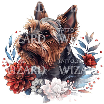 Colorful Yorkshire and Flowers Portrait Tattoo Design