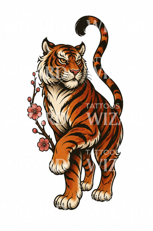 Ideia de tatuagem de tigre do zodíaco com flores de ameixeira