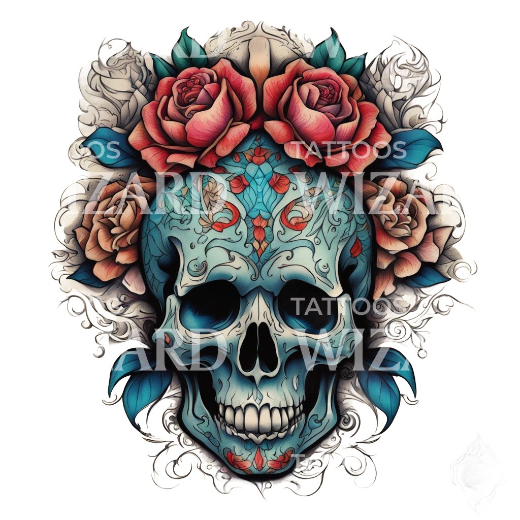 Skull adorned with roses and Floral Patterns and ornamental elements Tattoo Design