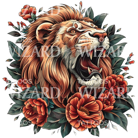 Conception de tatouage de lion et de fleurs à l'ancienne école