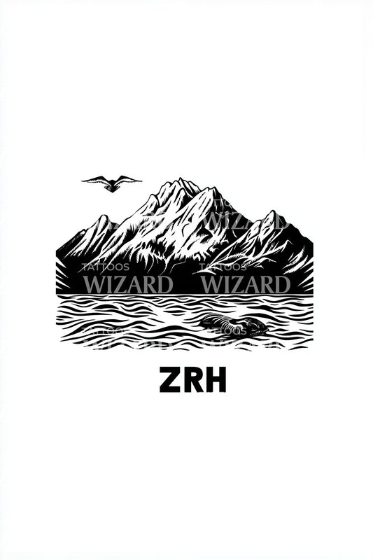 Zurich Alps Linework Tattoo Design